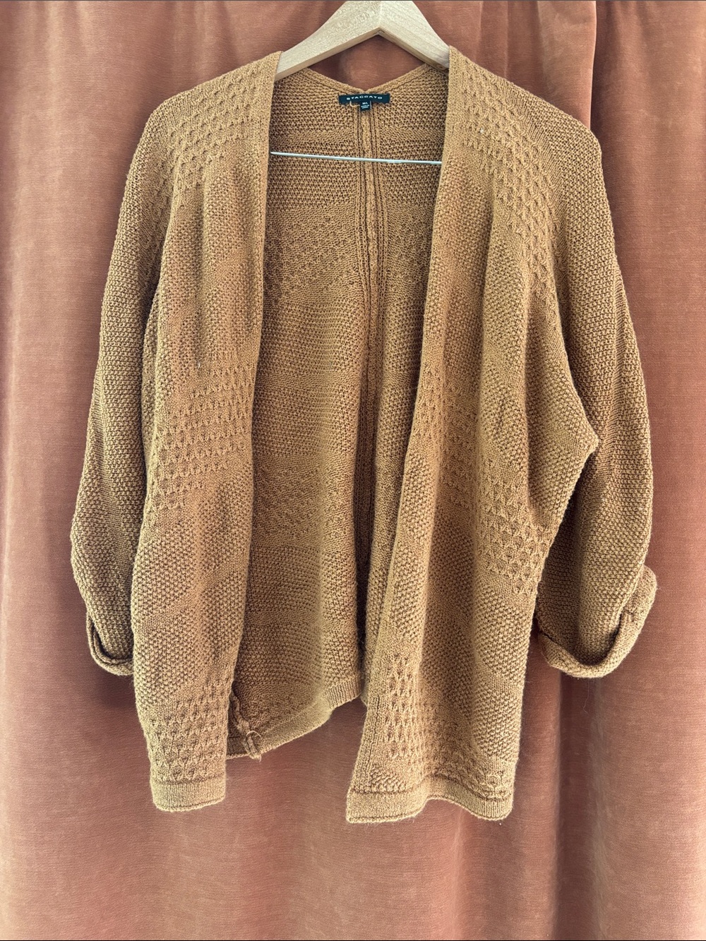 Staccato Open-Front Knit Cardigan in Camel Brown